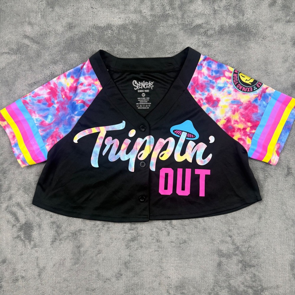 Spencers Tripplin Out Cropped Baseball Jersey Black Tie Dye Festival Top Medium